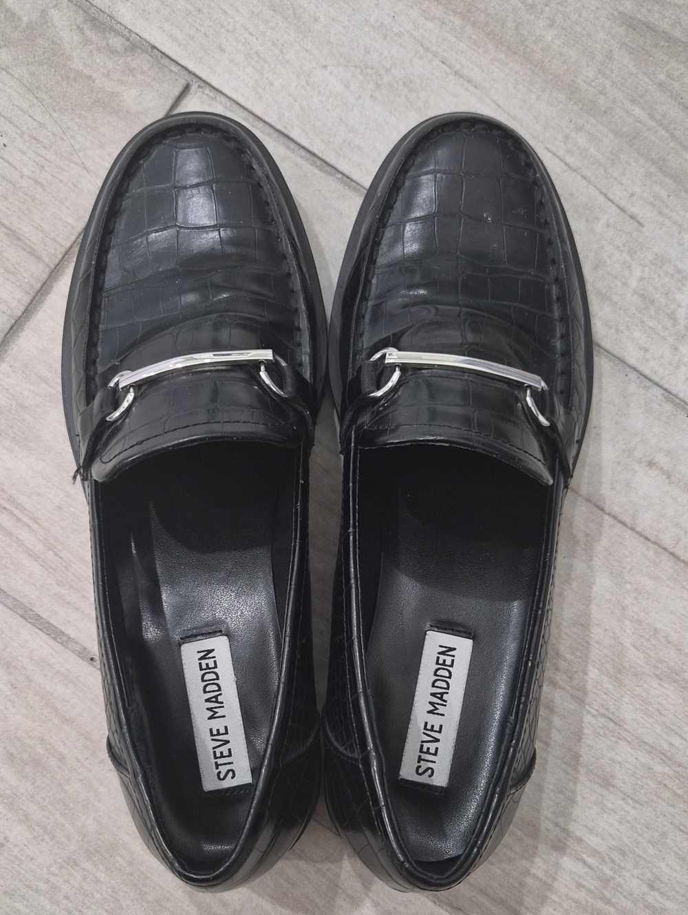 Steve Madden Black Croc-Embossed Leather Bit Loafers